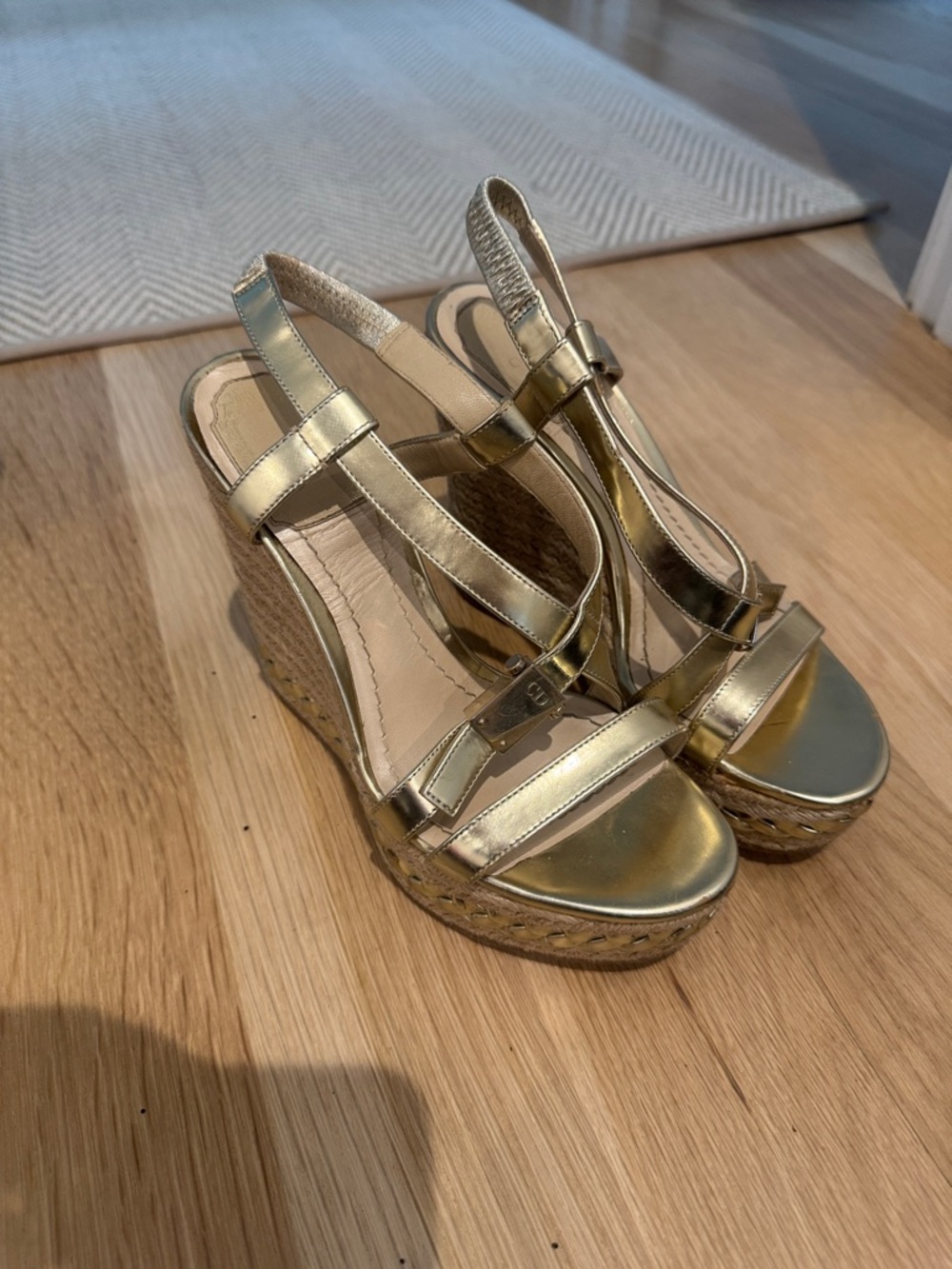 Dior Metallic Gold Leather Wedge Espadrille Sandals